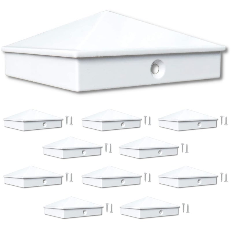 WeatherPRO Post Caps أغطية أعمدة WeatherPRO 4x4 بيضاء (تناسب أعمدة الخشب 3.5 بوصة × 3.5 بوصة)، ألمنيوم مطلي بالبودرة اللامعة، سياج، صندوق بريد، رصيف وغطاء عمود سطح، غطاء معدني مقاوم للصدأ في الهواء الطلق، عبوة 10، تباع بواسطة شركة أمريكية - Image 1